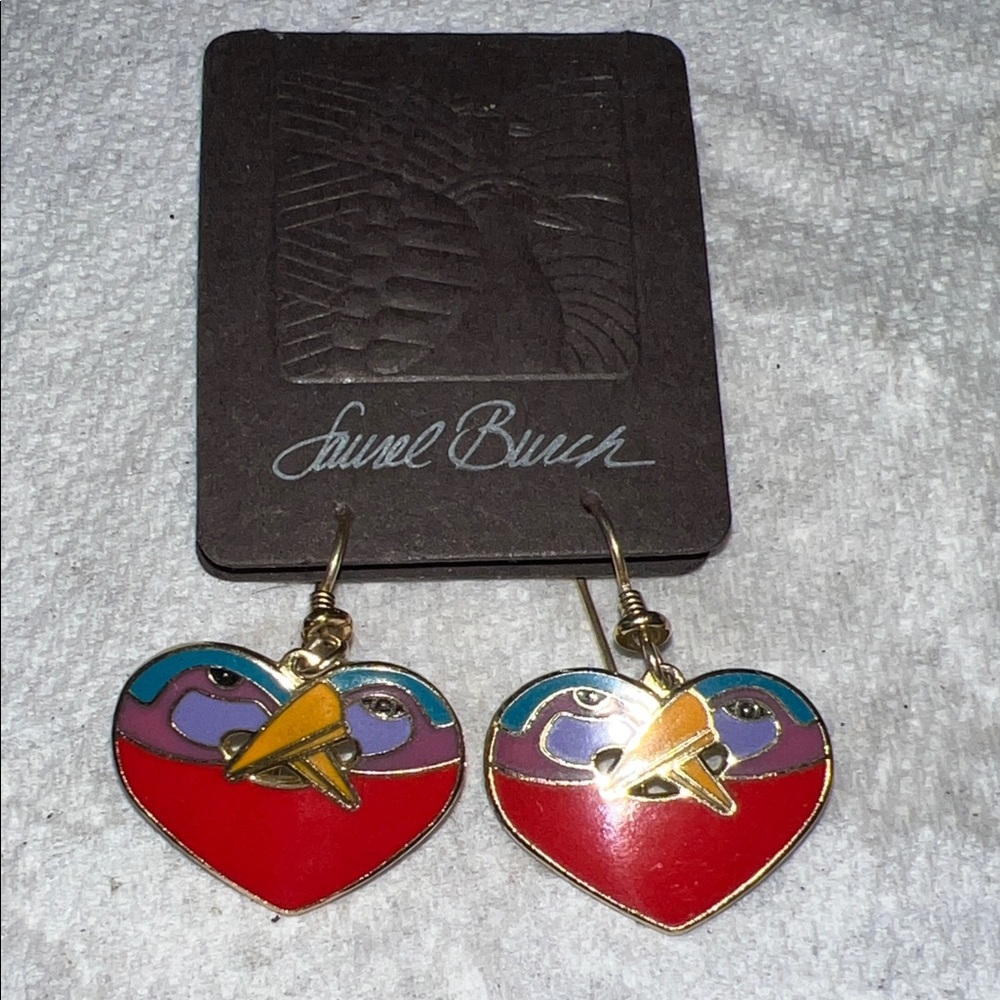 Vintage Laurel Burch bird heart enameled dangle earrings